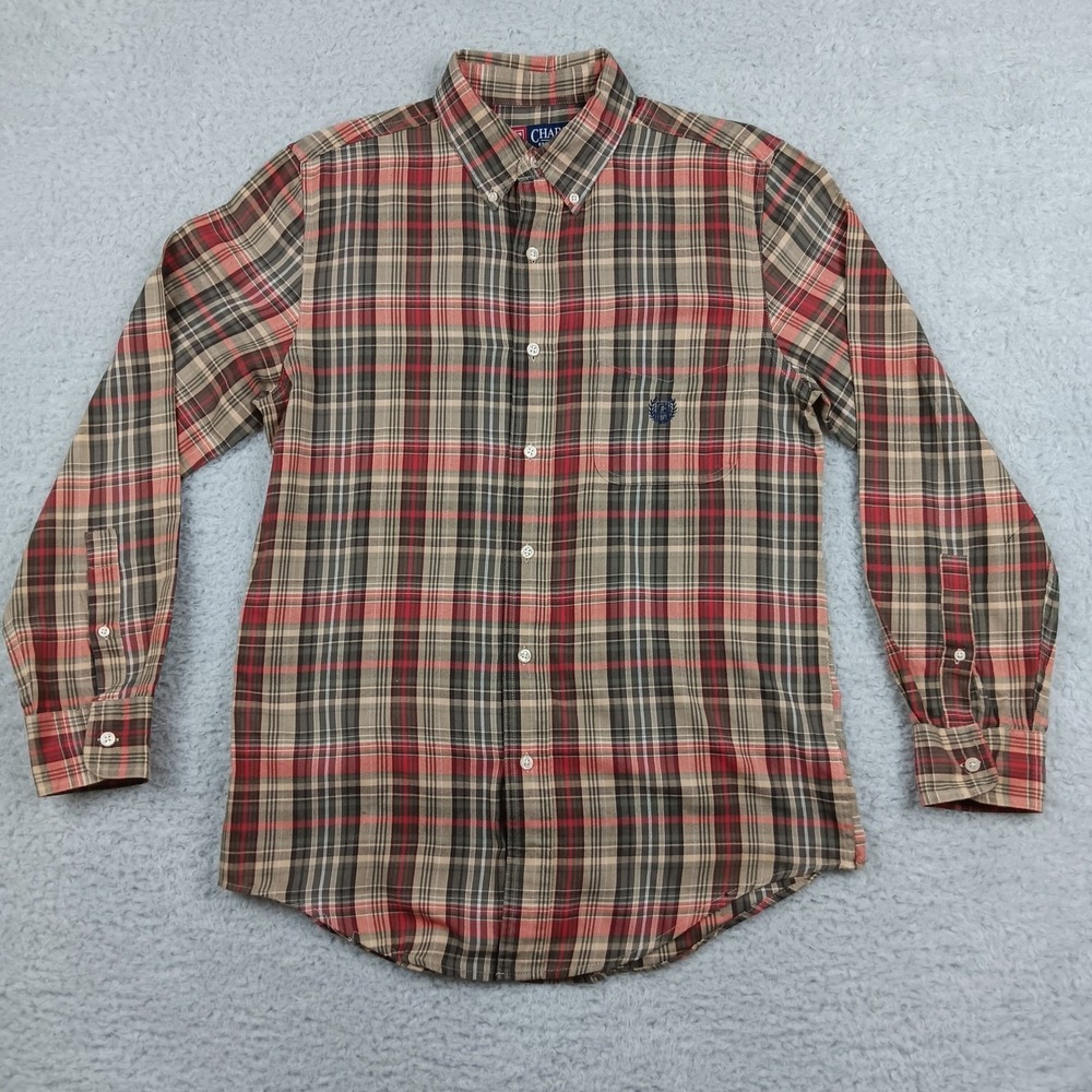 Chaps Button Down Shirt Plaid Mens S Brown Red Long Sleeve Cotton Blend